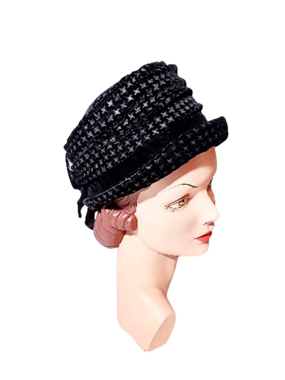 1960s True Vintage Black Real Velvet Cloche Hat With A Brim And Stars Back Bow
